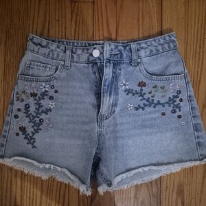 Embroidered Light Blue Denim Shorts